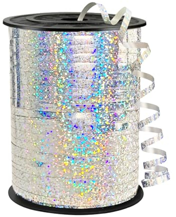 Geschenkband Silber,450 Meter/ 500 Yard Ringelband Ballonband Dekoratives, Glänzend Bunt Glitzer Schleifenband für Party Ballonverschlüsse, Blumen Geburtstage Hochzeiten Kunsthandwerk Dekoration