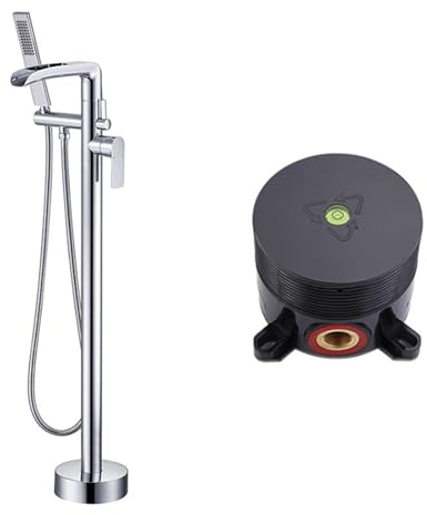 SWHC Standarmatur Bodenstehende Wannenarmatur, Wasserfall Badewannenarmatur Messing Freistehende Armatur Badewanne mit Handbrause 2 Modus Großer Durchfluss Standarmatur für Wanne