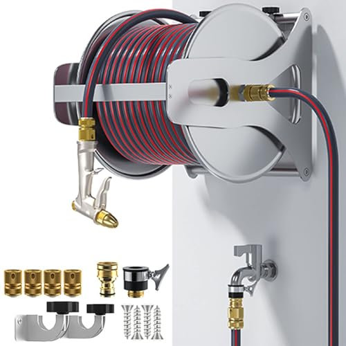 Generic Stainless Steel Garden Hose Reel, Garden Hose Reel Cart with Nozzle Spray, Wall/Floor Mounted Metal Water Hose Reel, for Home Garden Lawn,30m