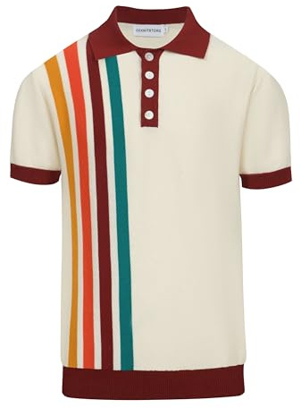 OXKnitstore OXKNIT Polo Hommes Manches Courtes Coton Décontracté Vintage Rayé Marron Beige Tricoté Polo avec Boutons