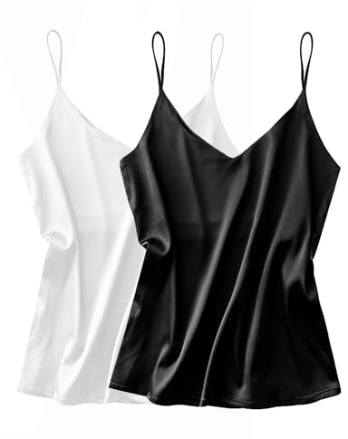 Ekouaer Satin Tank Tops for Women Silk Camisole Tops 2 Packs V Neck Cami | Spaghetti Strap Blouse Soft Dressy Camisole