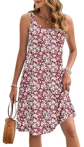 AUSELILY Vestito Estivo da Donna Senza Maniche Lunghezza al Ginocchio Casual da Spiaggia Leggero con Tasche Nuovo Rosso Floreale XXL