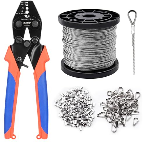 iCrimp CWR1522 Wire Rope Crimping Tool Set for 0.1-2.2mm Ropes, with Built-in Cutter, 250 Aluminum Sleeves, Wire Rope Cable, and thimbles for Precise swaging and Secure Ferrule Connections
