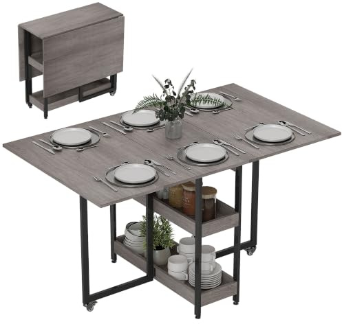 HOMCOM Esstisch Klappbar für 2-4 Personen 133,4x80x75 cm Grau | Küchentisch, 2 Offenen Ablagen, Esszimmertisch Klapptisch, Rollen, für Kleine Räume, Esszimmer, Küche