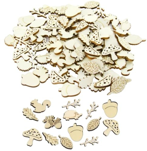 100 piezas de manualidades de otoño para niños, decoración de otoño, mini formas de manualidades de madera, ardilla, hongos, hojas, adornos de madera de dibujos animados para niños, suministros de