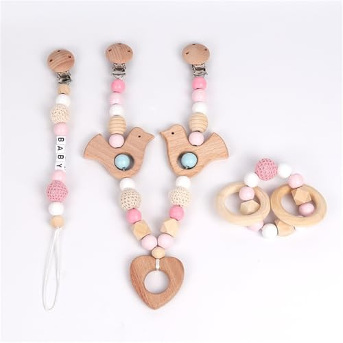 Ueiwffzo Kinderwagen Kette 3 Stück, Kinderwagenspielzeug Holz und Gestrickte Bälle Sterne Liebe Donuts Gehäkelt Babyspielzeug, Kinderwagenkette für Neugeborene Geschenke (Liebe Vogel)