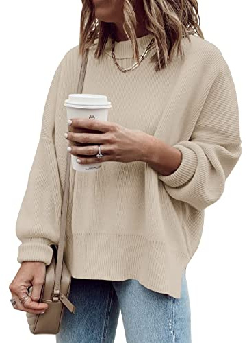 Cicy Bell Womens Oversized Tunic Sweaters Fall Slouchy Long Sleeve Pullover Ribbed Knit Side Slit Jumper,Beige,M