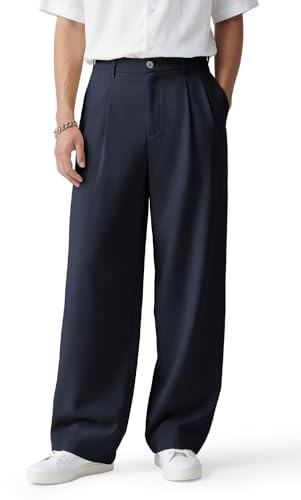 Heyfanee Mens Casual Dress Pants Baggy Pleated Chino Pants for Men Relaxed Fit Golf Pants Dark Blue 34
