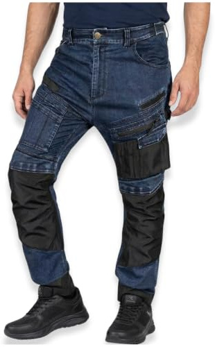 NEO TOOLS Pantalon de travail en jean robuste - Pantalon résistant pour homme en denim, 400 g/m², avec poches genouillères, renforts Oxford et stretch