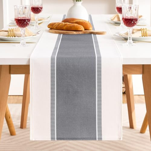 Runner Tavola Moderno con Ampie Strisce Grigio in Cotone e Lino 40x90cm, Runner da Tavolo in Stile Campagnolo e Rurale, Centrino Rettangolare per Tavolo da Pranzo, Tavolino da Salotto, Credenza