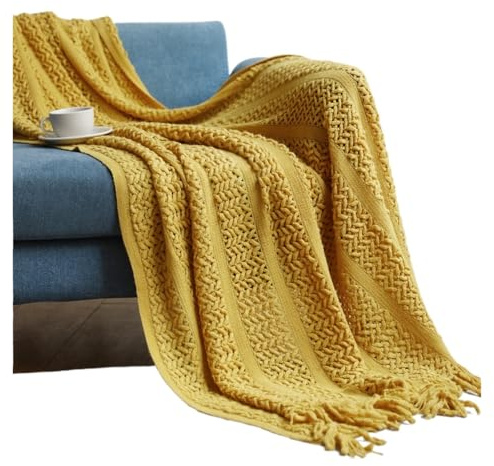 UALXPAO Grobe Strickdecke Gestrickte Kuscheldecken mit Quasten, Jacquard-Muster, ganzjährig, Vintage-Stil, dick, kuschelig, Geschenkdecke, Strickdecke for Sofa(Color 4,127x180cm)