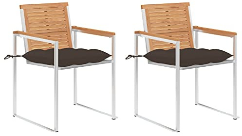 SKTQYQO Gartenstühle 2 Stück mit Kissen aus massivem Teakholz und Edelstahl 304 für den Außenbereich, Taupe, Set für Terrasse und Entspannung, langlebige Gartenmöbel