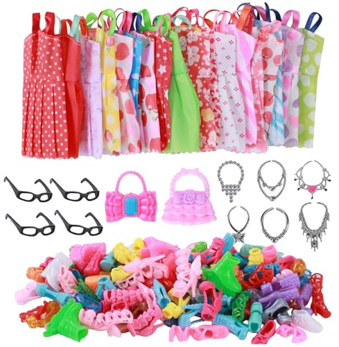 32-teiliges Puppenkleidung-Set mit Zubehör für 30cm Puppen: 10 Outfits, 4 Brillen, 6 Halsketten, 2 Handtaschen & 10 Schuhe - Vielfältiges Verkleidungsspiel für Kreative Kinder (Stile Assortiert)