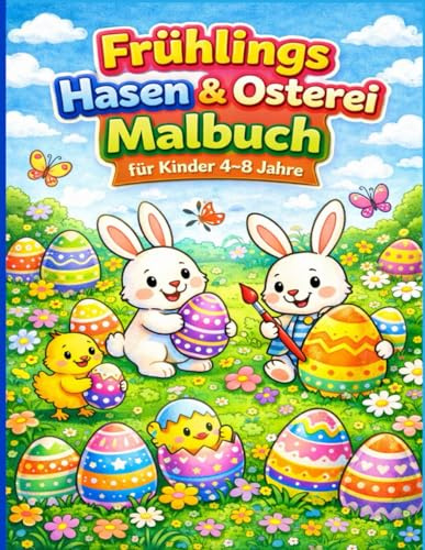 Frühlings Hasen & Osterei Malbuch für Kinder 4–8 Jahre: Große einfache Frühlingsszenen mit süßen Hasen, Küken & Ostereiern