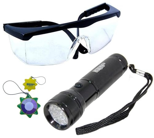 HQRP Professional 365 nM Longwave 12 UV LED Blacklight Flashlight and UV Protecting Safety Glasses Plus HQRP Sun Meter