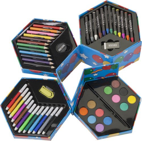 Malset/Kindermalbox Dirty Harry - Filzstifte, Wachsmaler, Buntstifte, Wasserfarben in sechseckiger Aufbewahrungsbox von notrash2003®