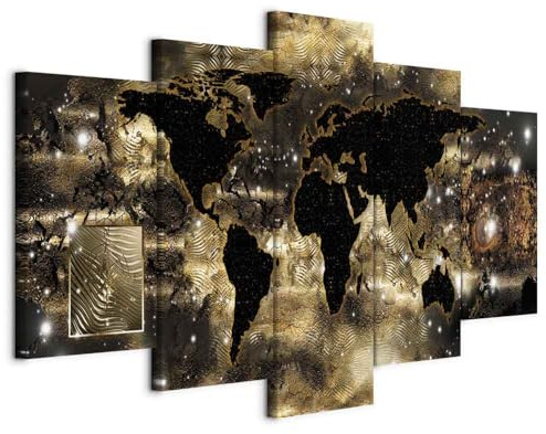 B&D XXL - Wandbilder XXL Weltkarte 200x100cm 5 tlg - Wand Deko Leinwand Bilder Groß Wanddeko Wohnzimmer Schlafzimmer Kunstdrucke - Landkarte World Map Kontinente schwarz braun