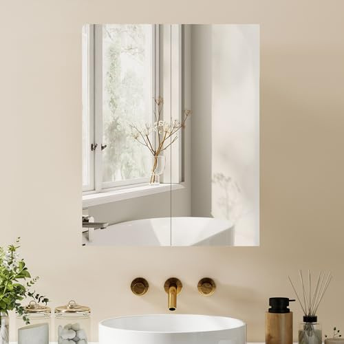 HOMCOM Armoire Murale Salle de Bain avec Miroir, 60 x 75 cm, Meuble Salle de Bain, Armoire de Toilette avec étagère réglable, Blanc