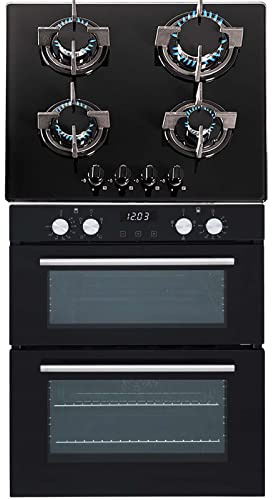 SIA 60cm Black Built Under Double Electric Fan Oven & SIA 4 Burner Gas Glass Hob
