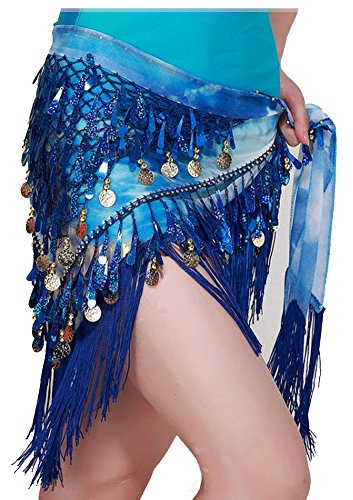 MUNAFIE Belly Dance Hip Scarf with Tassels Sequins, Triangle Coins Wrap Skirt Music Festival Clothing Skirt Navy Blue
