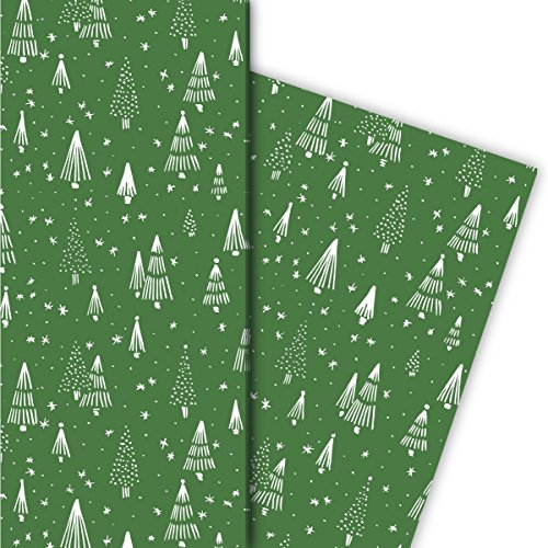 Kartenkaufrausch Retro Weihnachtspapier, Geschenkpapier Set zu Weihnachten mit grafischem Weihnachtsbaum Wald, grün • tolle Geschenk Verpackung, Designpapier, scrapbooking, 4 Bogen, 32 x 48cm