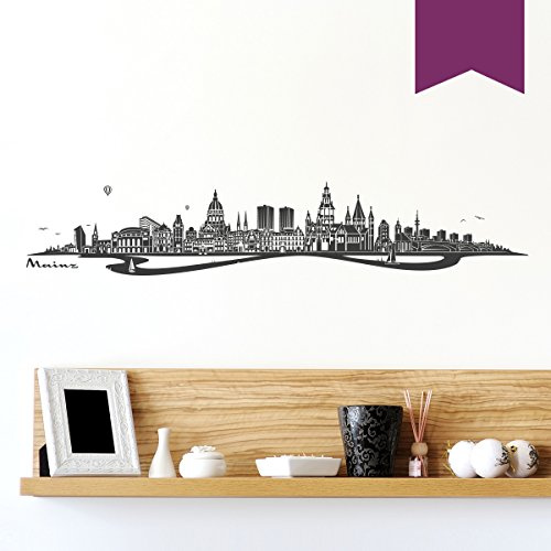 WANDKINGS Wandtattoo - Skyline Mainz (mit Fluss) - 140 x 26 cm - Aubergine - Wähle aus 6 Größen & 35 Farben
