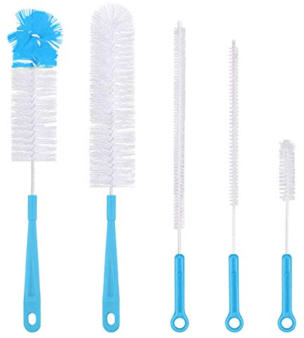 Qisan 5Pcs Juego de Cepillos de Limpieza de Botellas Cepillos Multiusos Cepillos de Botellas Largas Limpiadores de Botellas de Agua-Azul