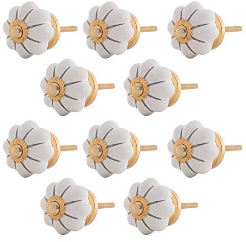 Knober 10 X Möbelknopf Kürbisform klein Keramik Porzellan Vintage Landhausstil Shabby-Chic 34 Ø klassisch edel verziert (Weiss mit goldener Montur)
