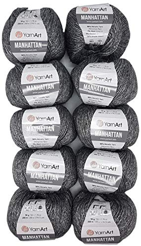 10 x 50g YarnArt Manhattan Viscose - Garn mit Glitzer, 500 Gramm Metallic-Wolle, Effektwolle (silber dunkel 903)
