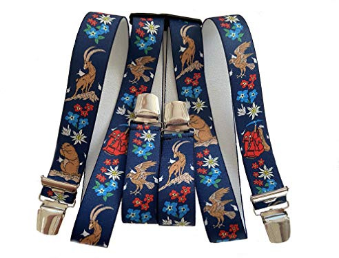 EDERER Hosenträge STEINBOCK EDELWEISS ENZIAN ADLER MURMELTIER JÄGER WANDERER ALPINIST AUSTRIA - ÖSTERREICH 35mm H-Form mit 4 extra starken Clips/Steinb.Murmeltier Blau ST-002