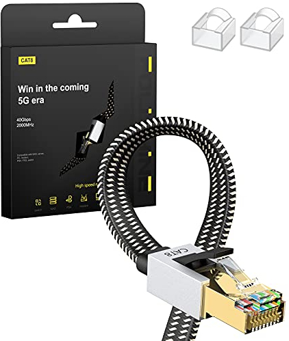 Cat 8 Ethernet Cable 2M, High Speed Gigabit Nylon Braided Lan Network Cat 8 Patch Cord, 40Gbps 2000Mhz RJ45 Flat Cable Shielded, Indoor&Outdoor for Modem/Router/switch, Faster than Cat5e/Cat6/Cat7