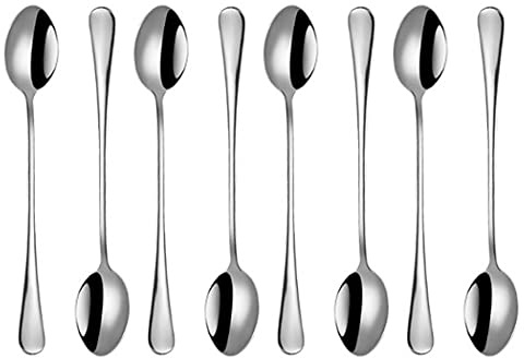 Hoshen - Cucchiaio per gelato in acciaio INOX, 17,6 cm, cucchiaio per miscelazione con manico lungo, cucchiaino per gelato, cucchiaini da cocktail, confezione da 8, colore: argento