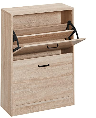 VASAGLE Schuhschrank mit 2 Klappen, Schuhkipper, Schuhkommode mit 2 Fächern, für Flur, Wohnzimmer, Schlafzimmer, 24 x 60 x 83,5 cm, naturfarben LBC602HV1
