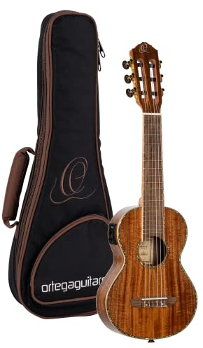 Ortega Guitars Reise Gitarre Elektro-Akustisch – Mini Travel Series – Massive Akazie, Hochglanz Natur (RGLE18ACA)