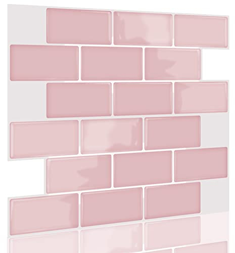 funlife 12 Stück 3D Fliesenaufkleber Rosa, Upgrade Dickere Vinyl Fliesen Selbstklebend Klebefliesen Rosa für Küche und Bad, Metro Fliesen Selbstklebend Fliesendekor 30x13cm