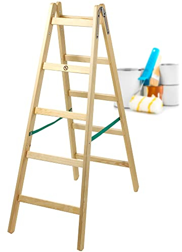 KADAX Scala a Pioli Doppia in Legno di Pino Impregnato, Scaletta Pieghevole con Gancio in Acciaio e Certificata EN 131, Fino a 150 kg (5 Gradini)