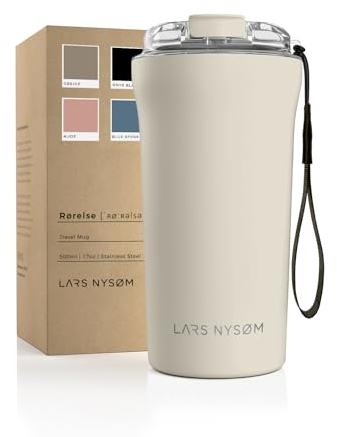 LARS NYSØM Thermo Kaffeebecher to go mit Trageschlaufe & Tritan Deckel | Travel Mug 0,5 Liter mit Isolierung | Auslaufsicherer Edelstahl Thermobecher für Café & Tee (Almond Beige, 500ml)