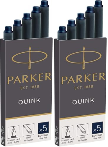 Parker Tintenpatronen für Füller | lange Patronen | blauschwarze QUINK Tinte | 5 Stück (Packung mit 2)
