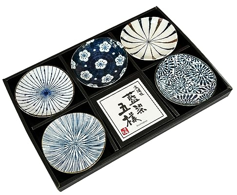 MINO WARE JAPAN Indigo Dyeing Japanisches Muster Kleine Teller Set 5 Stück Sojasauce Teller Gewürzteller Vorspeisenteller mit Geschenkbox Made in Japan (Runder Teller)