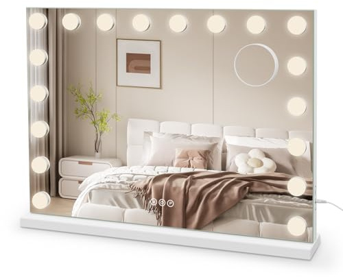 Dripex Specchio da Trucco con Luci a 18 Led 80x60cm Hollywood | sul Tavolo o a Parete, 3 Modalità di Luce, Regolazione della Luminosità, Lente d'Ingrandimento Rimovibile, Taglia Grande