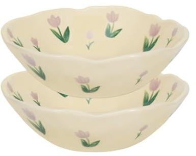 Koythin Salad Bowls Set of 2, Cute Purple Tulip Flower Ceramic Bowls, Cream Yellow Serving Bowl for Pasta, Cereal, Fruit, Soup, Rice, Dishwasher and Microwave Safe (Purple Tulip Set of 2), KH01692NT | Multi-Scene Bowl Set For Oatmeal Rice Salad; Floral Kitchen Decor, Housewarming Gift