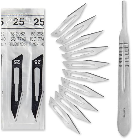 Set - 10 Stück sterile Skalpellklingen Figur 25 aus Karbonstahl - Ersatzklingen + 1 x Shehadeh - Skalpell-Halter - Edelstahl