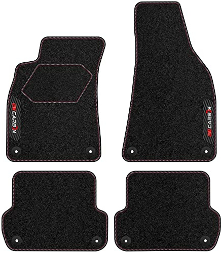 MOTOS Personalisierte Velours-Fußmatten Carbon Series passend für SEAT Exeo 2008-2014 - Premium, Carbon, Rot Frischen Sie den Look Ihres Autos mit Automatten im hochmodernen Carbonfaser-Design auf
