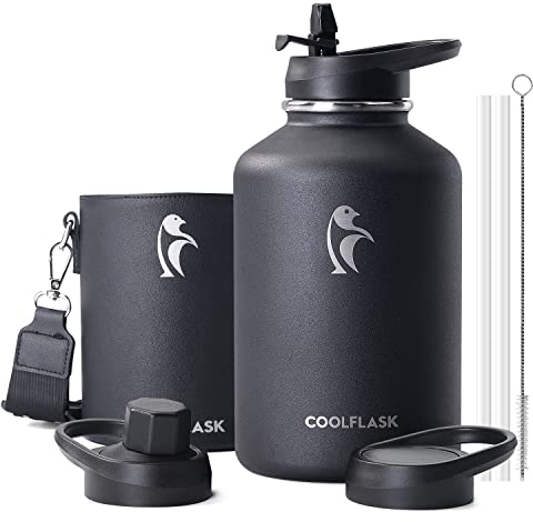 Coolflask 2L Bottiglia d'Acqua Isolata in Acciaio Inox Con Custodia in Pelle PU, Coperchi a Cannuccia, Mantiene Freddo 48h Caldo 24h, Nero