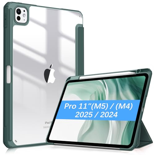 FINTIE Hybrid Case Compatible with iPad Pro 11 inch (2025/2024) M5/M4, [Built-in Pencil Holder] Shockproof Cover w/Clear Transparent Back Shell, Auto Wake/Sleep, Midnight Green