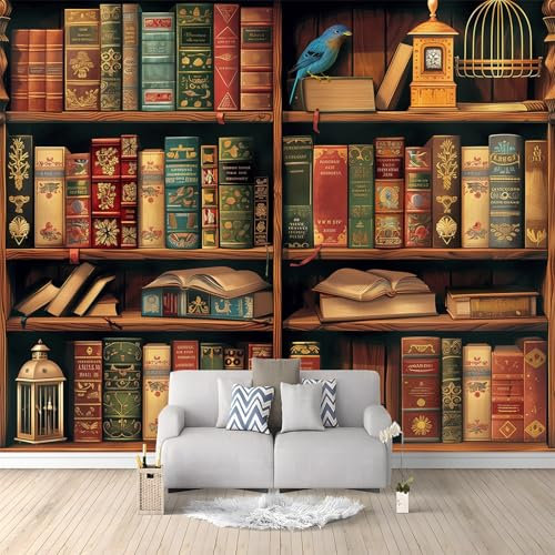 Art Fototapete Bücherregal Braun Retro Nostalgisch 350x256 cm Vlies Tapeten 3D Effekt Moderne Wandtapete Wohnzimmer Schlafzimmer Wandbilder Wand