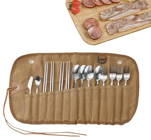Afurl Camp Organizer per utensili, borsa per utensili, borsa riutilizzabile arrotolabile, borsa per utensili da esterni con scomparti multipli, borsa in lino, organizer per posate,