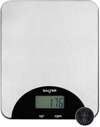 Salter Stainless Steel Electronic Scale – Kitchen Weighing Scale, LCD Display, Measures Liquids, 5kg/11lbs Max Capacity, Multifunctional, Perfect for Home Baking, Cooking, Digital display