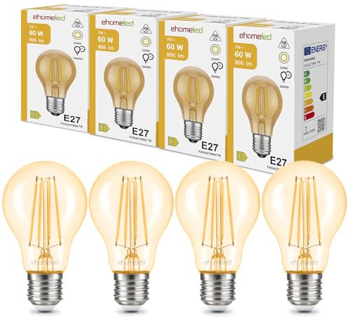 ehomeled E27 LED Edison Glühbirne Vintage Warmweiß (2300K), Goldenes Glas & Filament, 806 Lumen 7W (=60W), Retro LED Birne, Energiesparend, Ideal für Wohnzimmer, Schlafzimmer & Deko, 4er-Pack