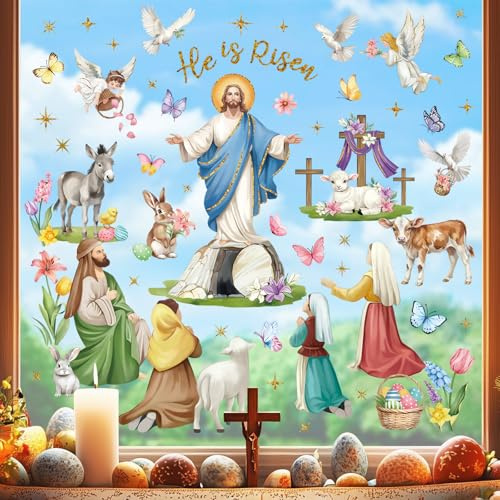 decalmile Fensterbilder Ostern Jesus Christlich Osterhase Fensteraufkleber | Statische Anti-Kollision Fensterdeko, Beidseitiger Druck, auf Beiden Seiten klar Sichtbar, Wasserdicht, Abnehmbar
